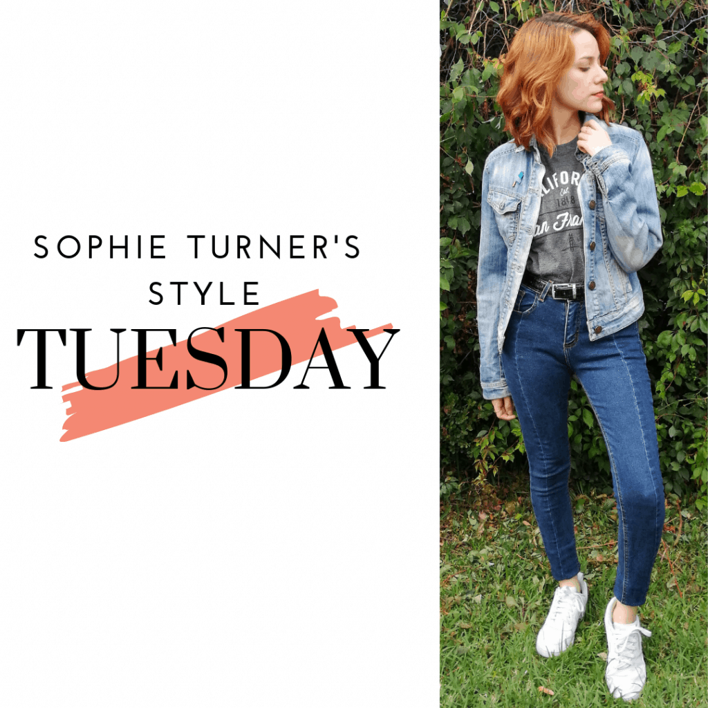 Sophie Turner's Style Tuesday: denim jacket, jeans, sneakers and t-shirt