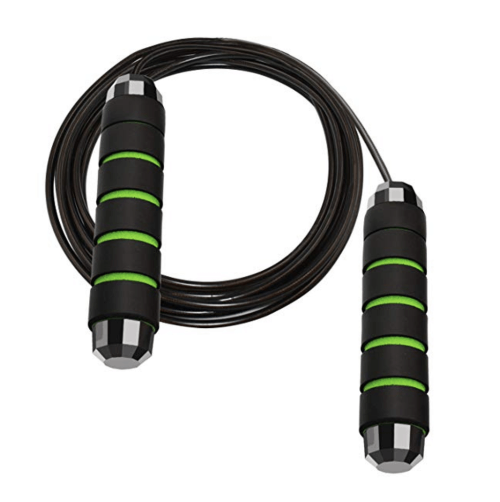 black jump rope with green and black foam handles