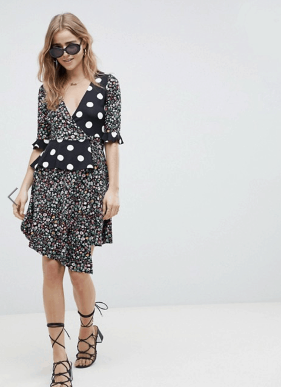 model in dress with floral and polka dot print