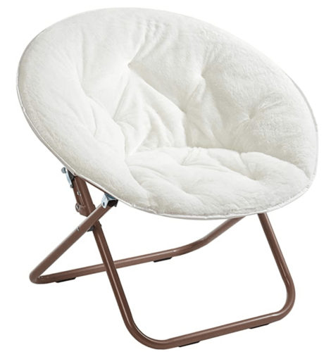 White fuzzy collapsible chair - best dorm furnishings for girls