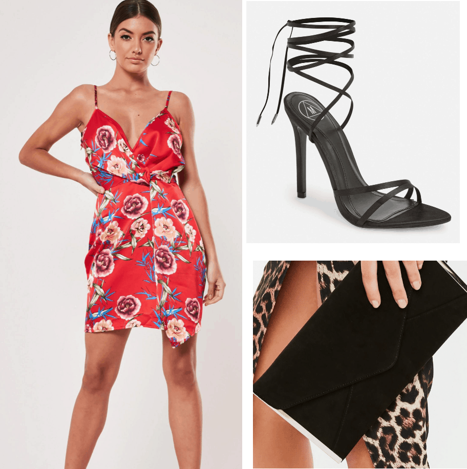 Desna Claws outfit - floral dress, black strappy heels, black clutch