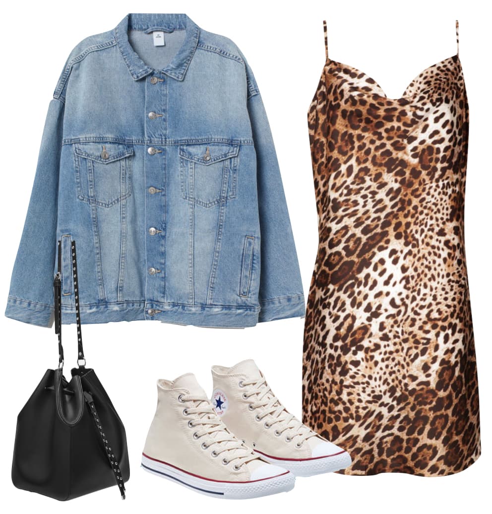 animal print dress with denim jacket