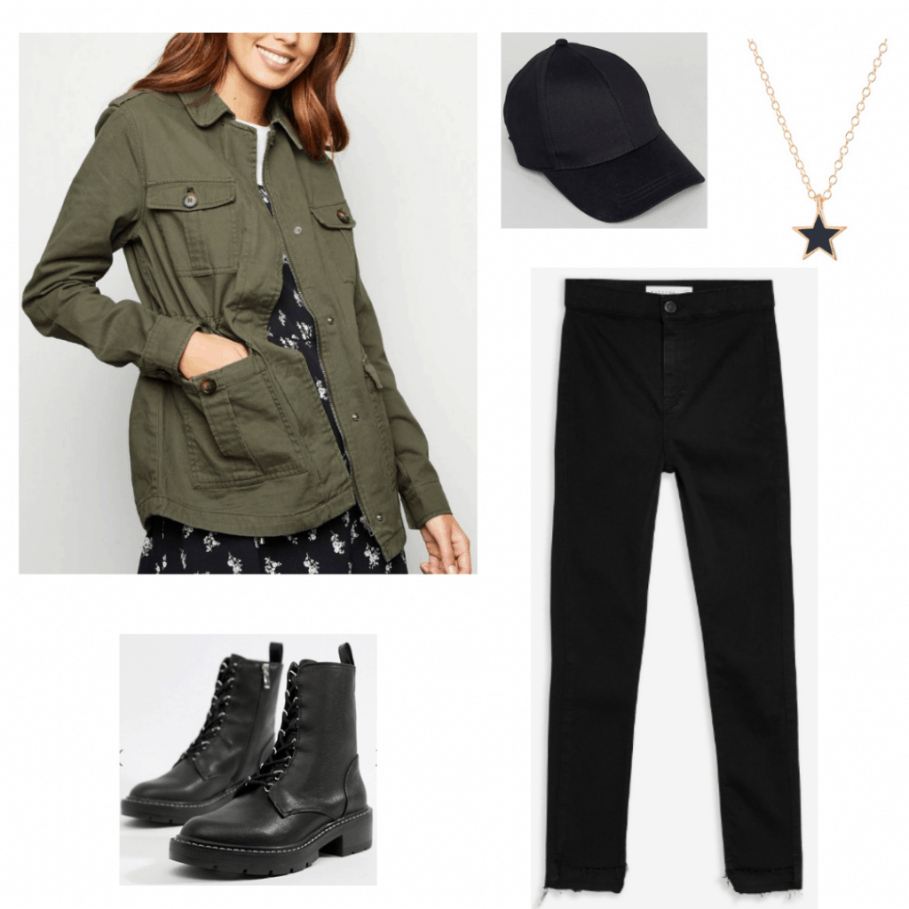 Outfit inspired by Allie from The Society with green jacket, black pants, black boots, black hat and star necklace