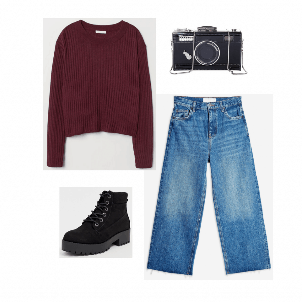 Outfit inspired by Becca from The Society with burgundy sweater, wide leg jeans, lace up boots