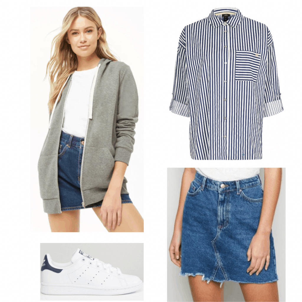 Outfit inspired by Cassandra from The Society with striped shirt, denim skirt, Stan Smiths, gray hoodie