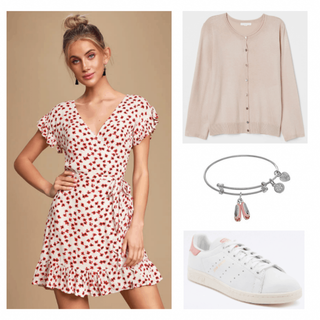 Outfit inspired by Elle from The Society with printed dress, pink cardigan, pink and white sneakers, ballerina bracelet