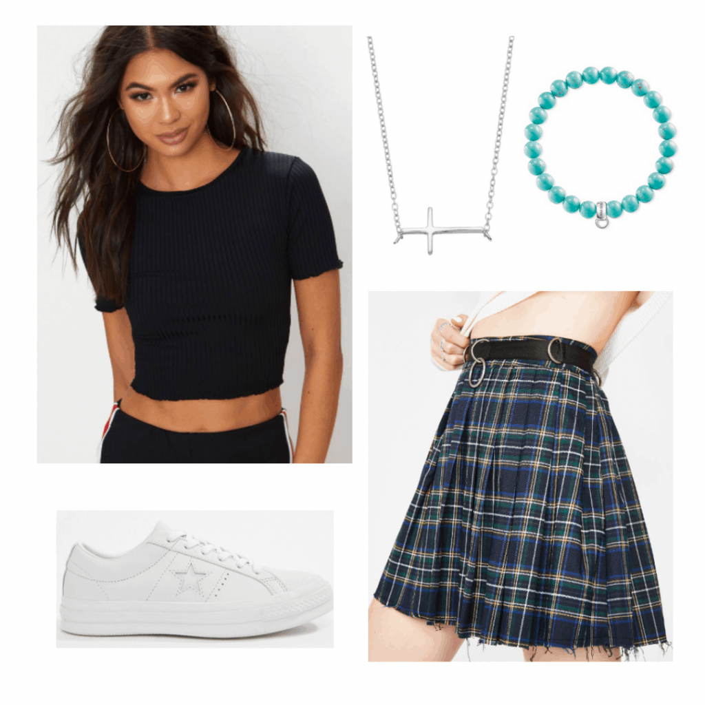 Outfit inspired by Helena from The Society with plaid skirt, white sneakers, black tee, cross necklace