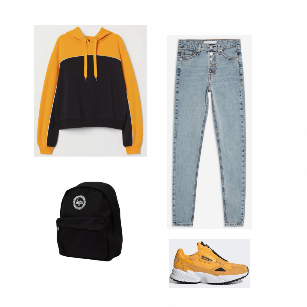 Outfit inspired by The Society with yellow and black hoodie, medium wash jeans, black backpack, yellow sneakers