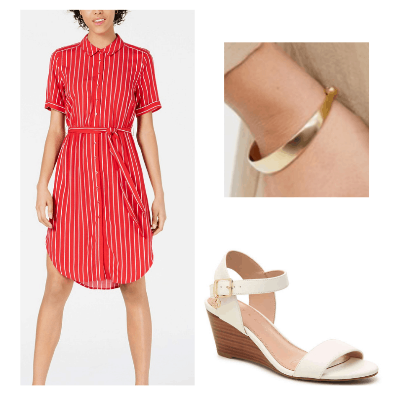 summer work outfit with red pinstripe dress, gold bracelet, and white wedges