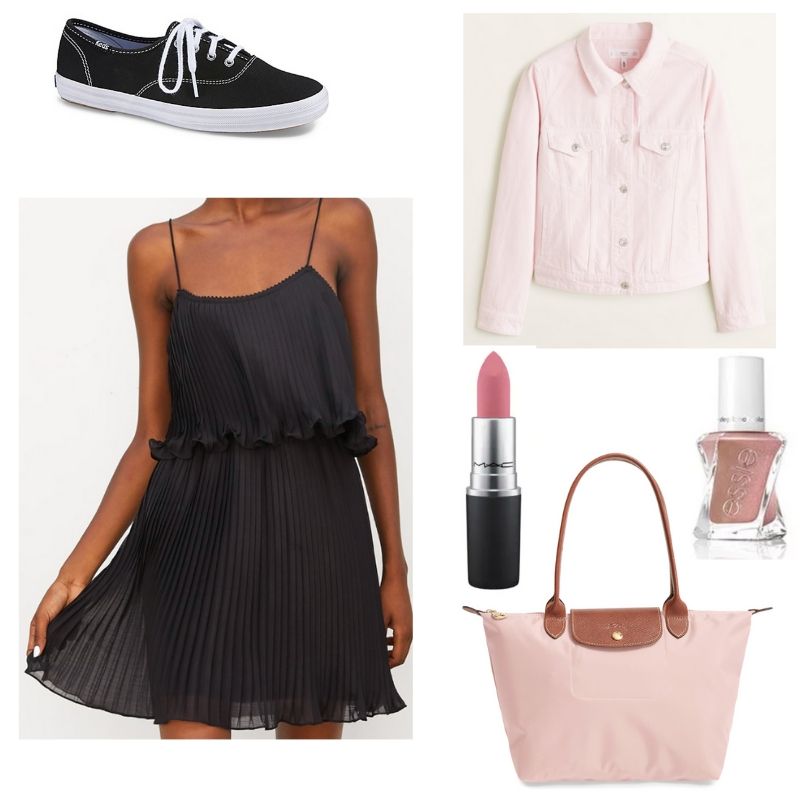 Little black dress from Zara styled into an outfit with black vans sneakers, light pink jacket, light pink tote bag, lipstick, and light pink nail polish