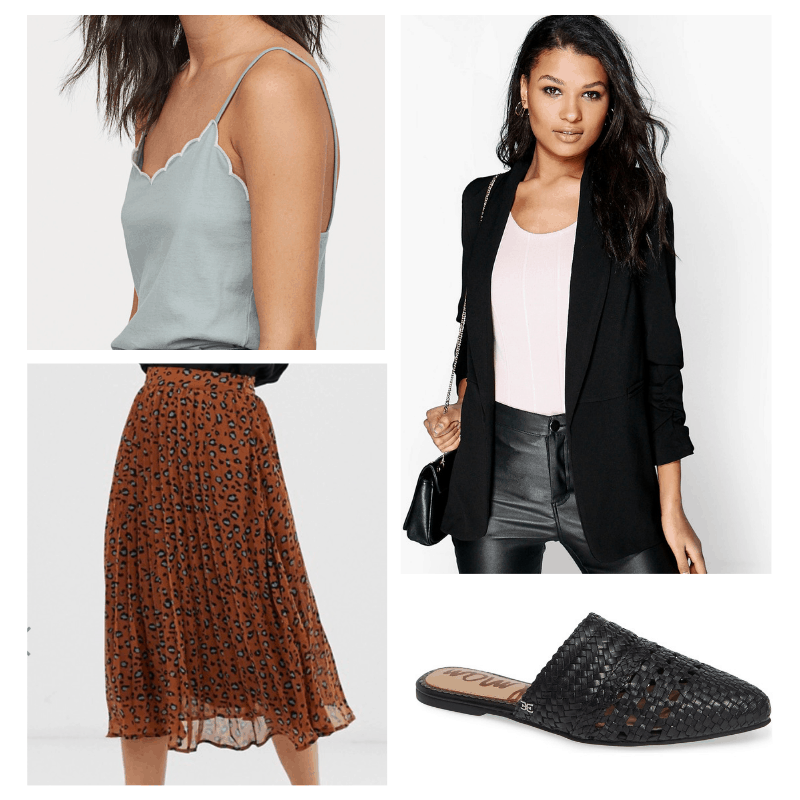 Summer work outfit with leopard print skirt, blue top, black blazer, and black mules