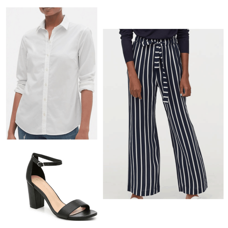 Outfit with white button down, blue and white striped pants, and black heels