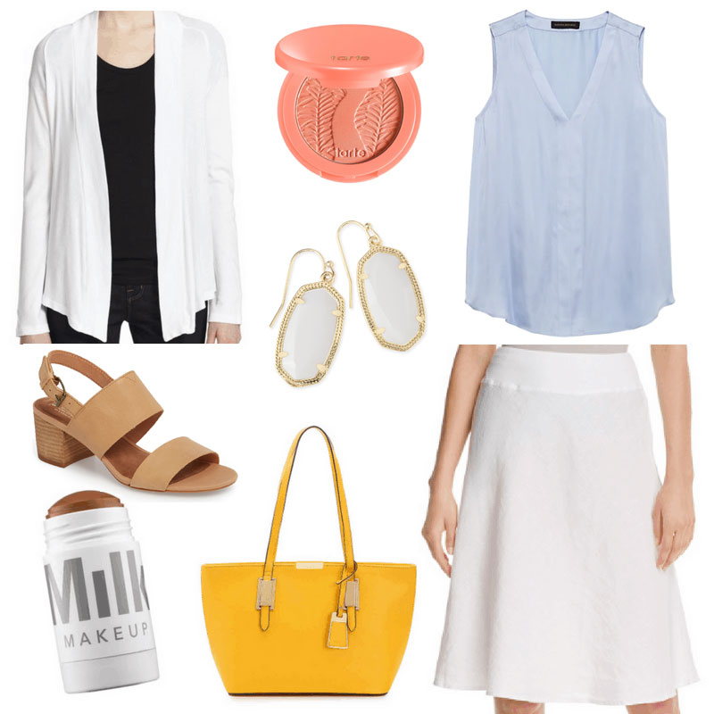 What To Wear To Work When It's Too Hot To Think - Linen Skirt outfit with white skirt, blue tank, white cardigan, nude sandals, yellow bag