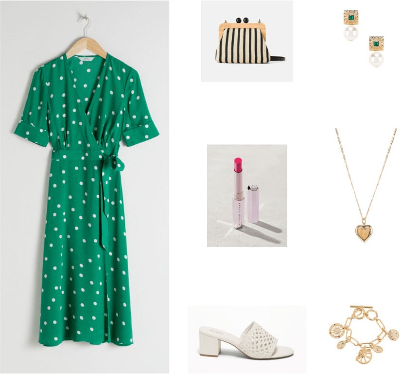 Granny chic outfit with green polka dot dress, white sandals, red lipstick, striped clutch