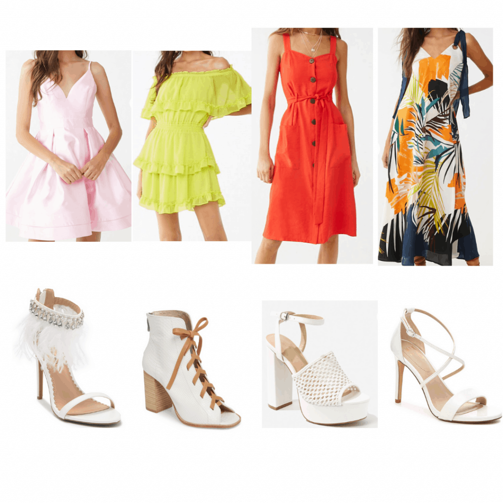 White Heels looks: Feather heels and fit and flare dress, white heeled boots and off-the-shoulder dress, platform heels and midi dress, strappy heels and maxi dress