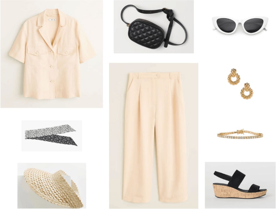 Granny chic outfit with beige suit, woven visor, cork wedges, neck scarf, big sunglasses, fanny pack