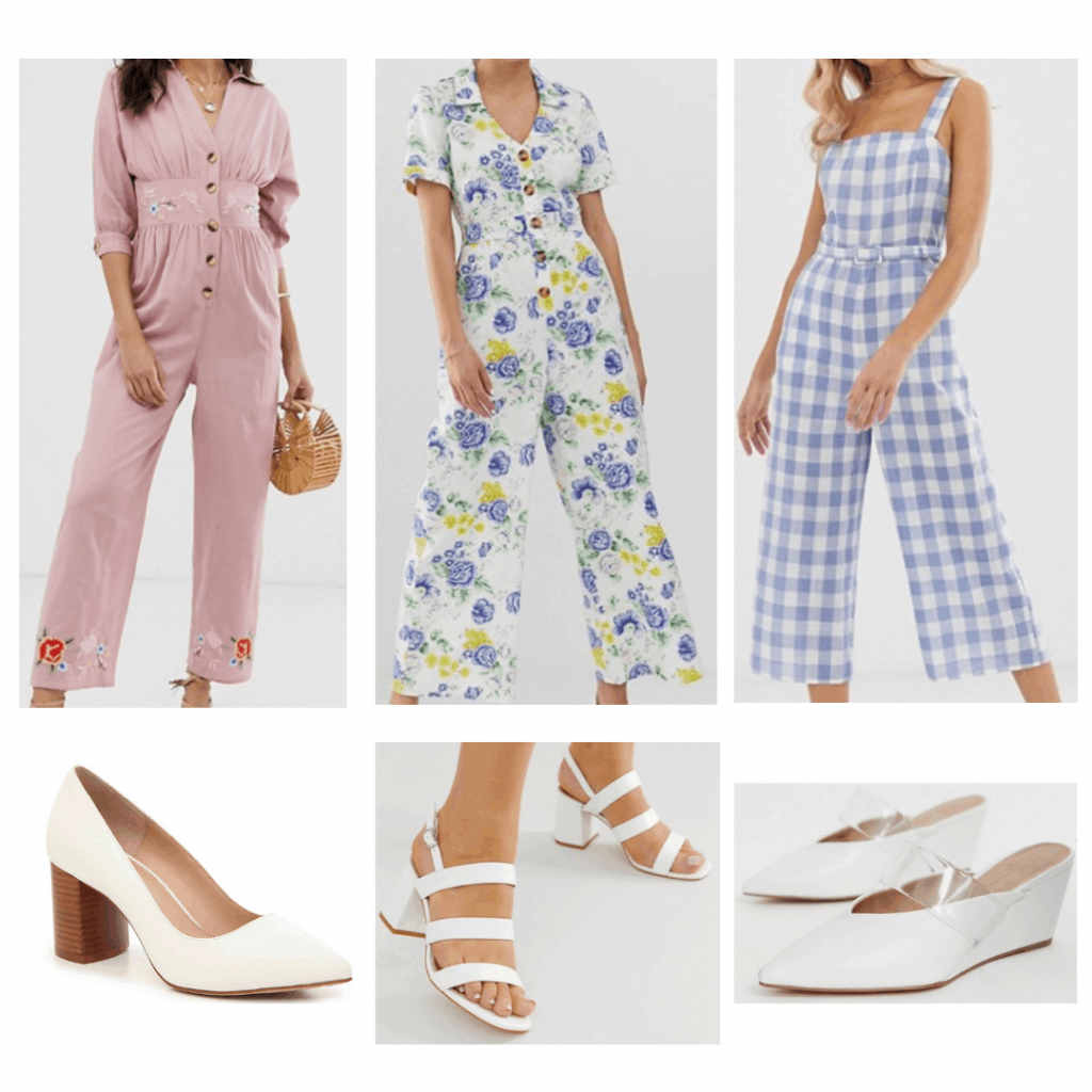 White heels outfits: Pink embroidered jumpsuit, white floral jumpsuit, gingham jumpsuit, pointed toe heels, strappy sandals, wedge mules