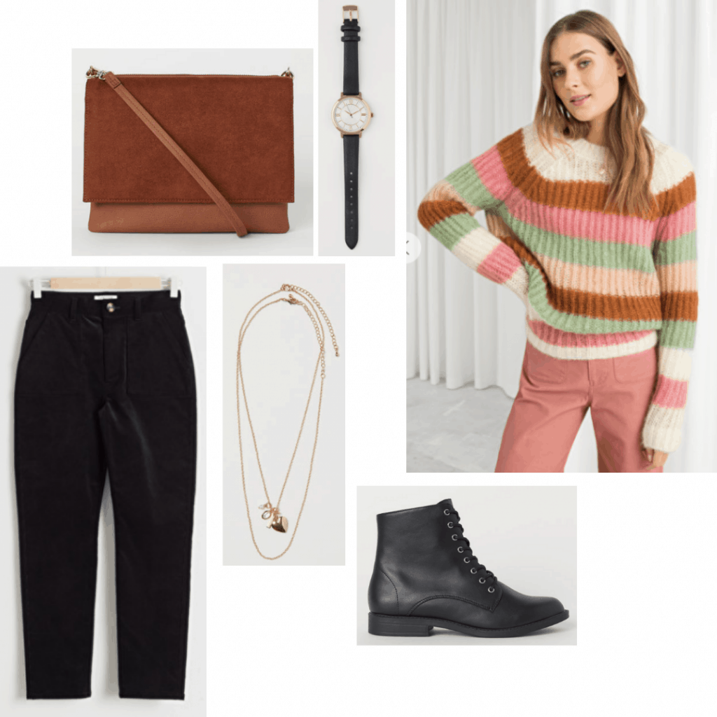 Nancy Wheeler style outfit with black pants, striped sweater, combat boots, brown crossbody bag, jewelry