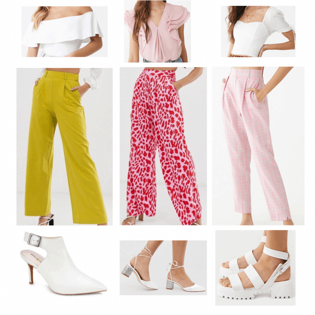 White heels outfits: Flounce top, ruffled layered top, bustier top, yellow pleated pants, pink and red animal print pants, pink plaid pants, pointed toe heels, satin and glitter heels, chunky sandals