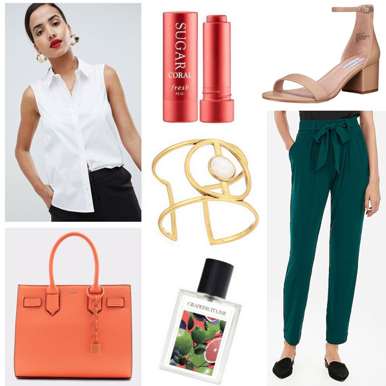 What To Wear To Work When It's Too Hot To Think - Paper Bag Pants outfit with green pants, coral bag, nude heels, white sleeveless blouse