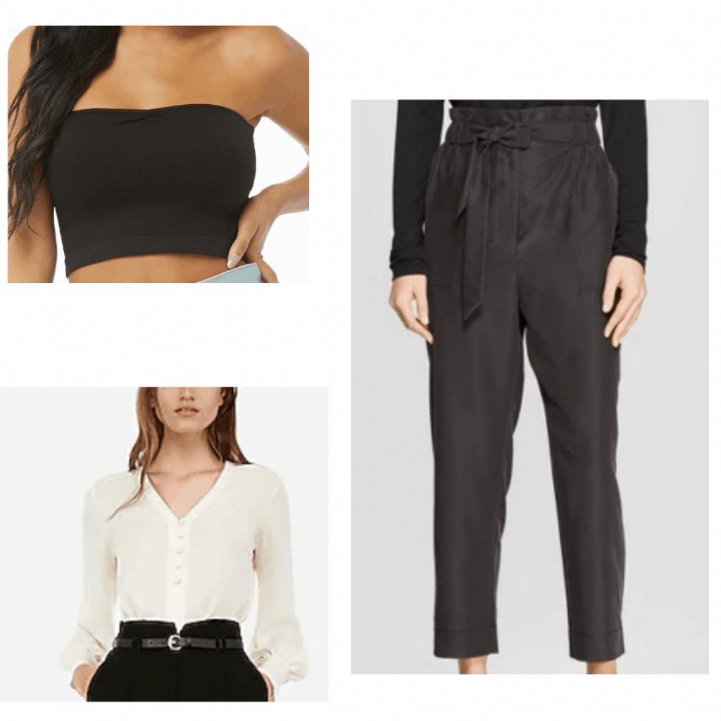 Black paper bag waist pants with black crop top and white blouse