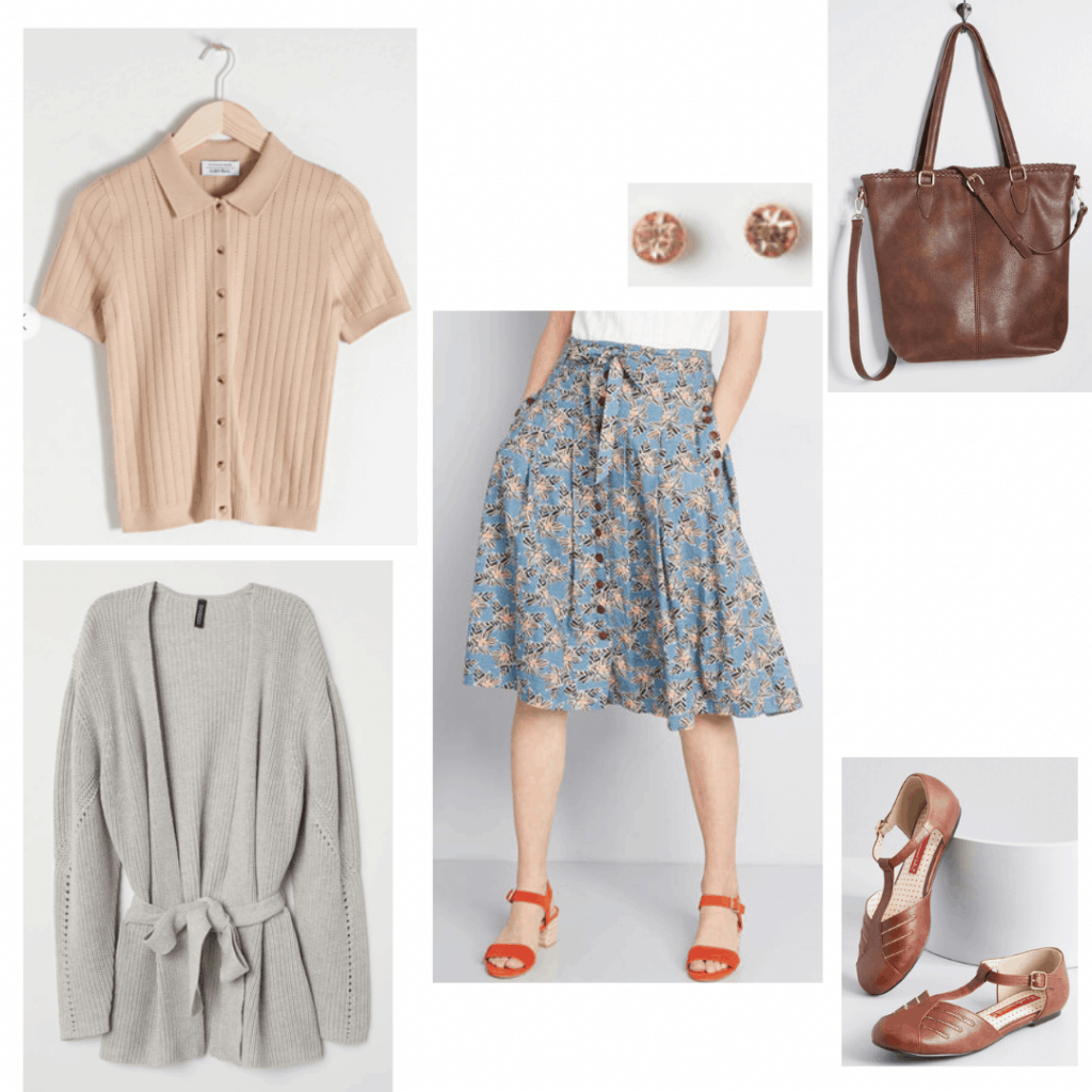 Nancy Stranger Things fashion: Outfit inspired by Nancy with floral skirt, beige button down shirt, gray cardigan, flats