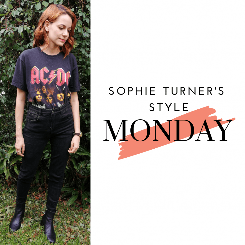 Sophie Turner's Style Monday: black jeans, t-shirt. booties