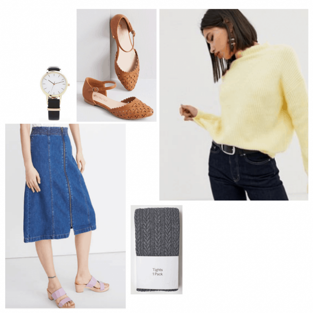 Nancy Wheeler style from Stranger Things: Outfit idea with yellow cropped sweater, denim skirt, knit tights, black watch