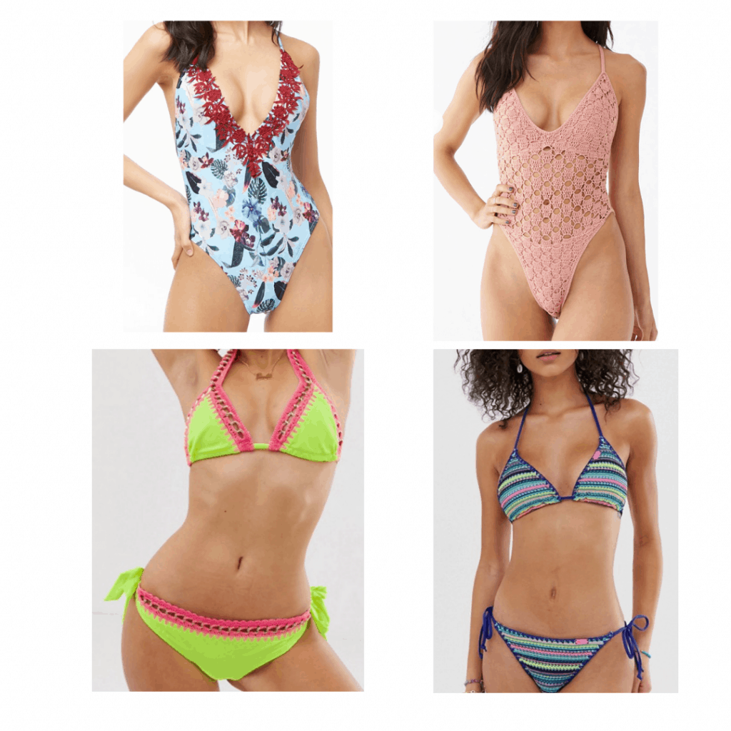 crochet swimsuits: crochet floral one-piece, crochet trim bikini, crochet one piece, crochet bikini