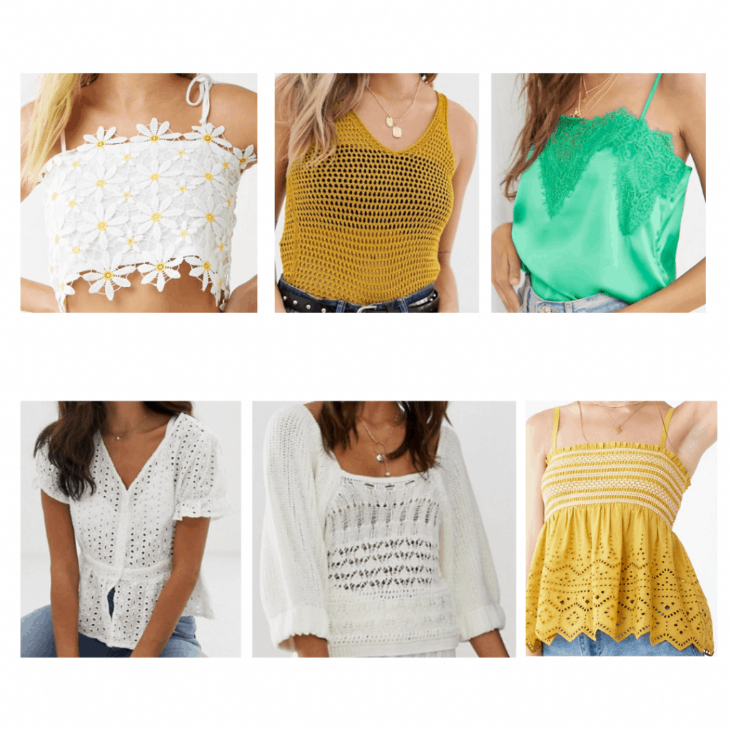 Crochet Tops: daisy crop top, crochet button up top, crochet vest, crochet puff sleeve blouse, crochet cami, crochet babydoll