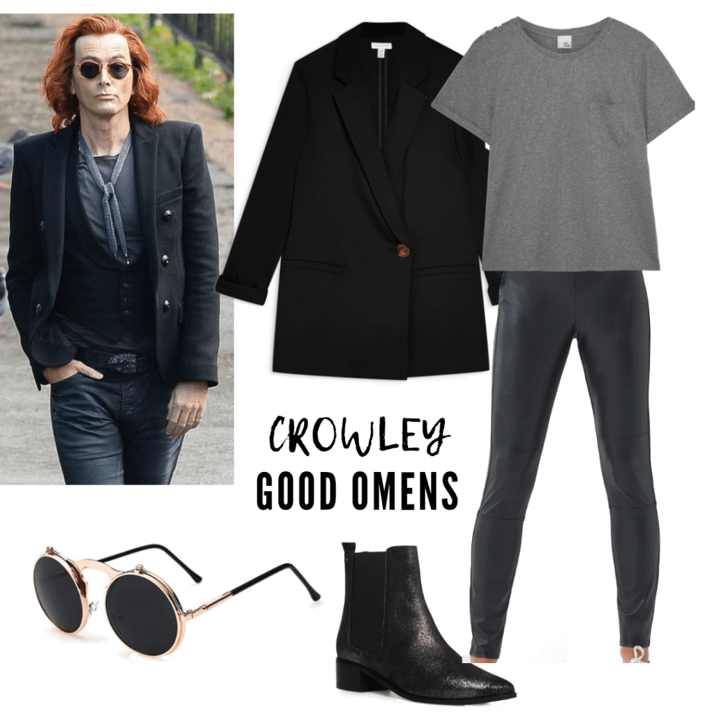 CROWLEY'S OUTFIT: LEGGINGS, T-SHIRT, BOOTIES, SUNGLASSES, BLAZER