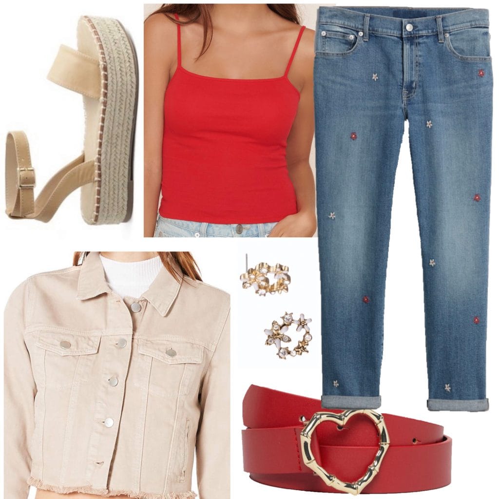 An outfit set with a red camisole for a fun, daytime look