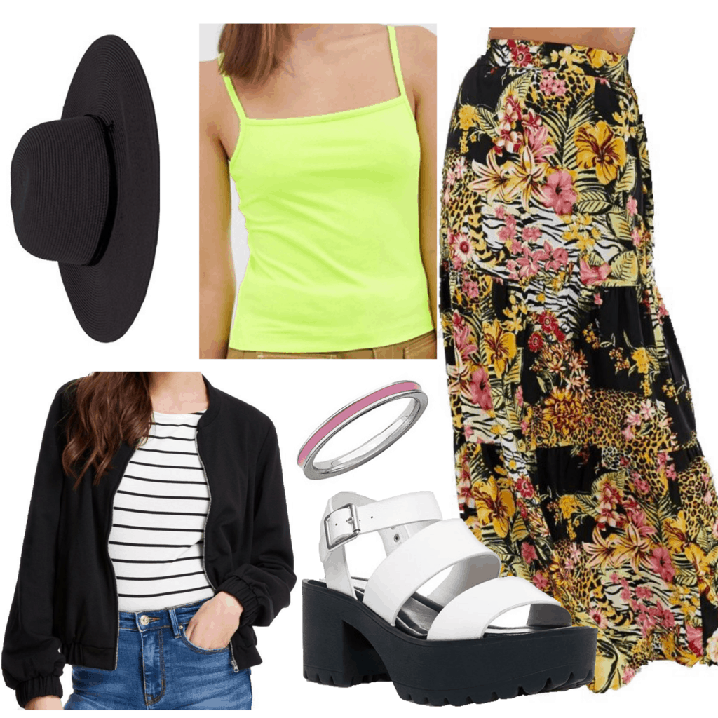 outfit set with a green cami,printed maxi skirt, a black hat, shoes, and black jacket