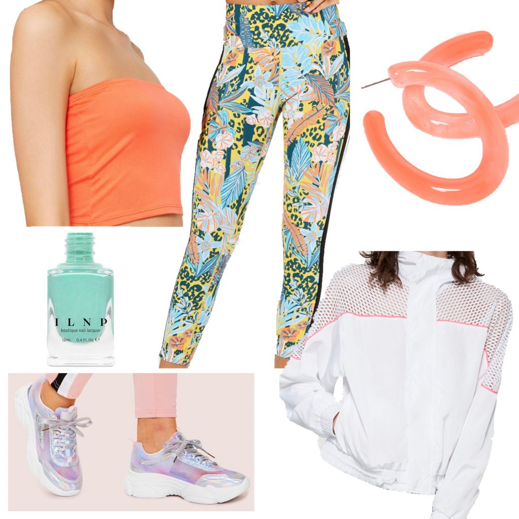 Outfit set featuring tropical printed leggings, coral top, holographic sneakers