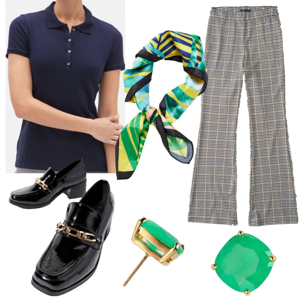 Pattern Play: An outfit set featuring a navy blue polo shirt