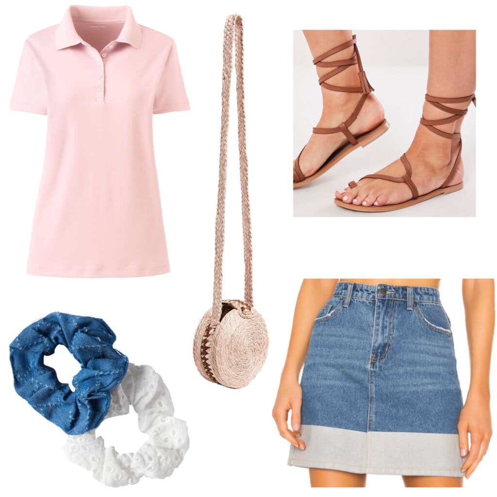 Polo shirt outfits - Breezy & Beautiful: An outfit set featuring a light pink polo shirt, denim skirt, scrunchies, sandals
