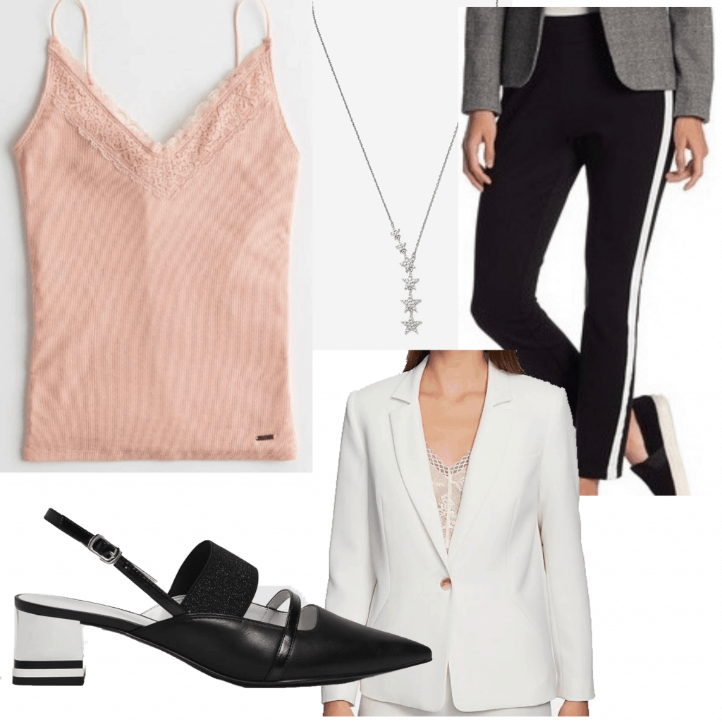 An outfit set with a light pink camisole for a business casual setting