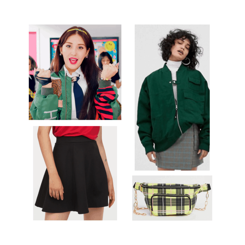 Somi style outfit with green jacket, black mini skirt, plaid fanny pack