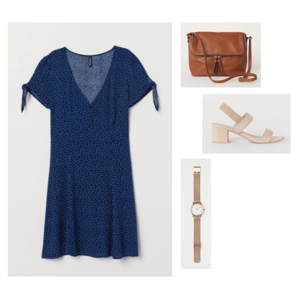 Outfit inspired by Amy Dunne's style in Gone Girl with navy blue dress, strappy shoes, shoulder bag