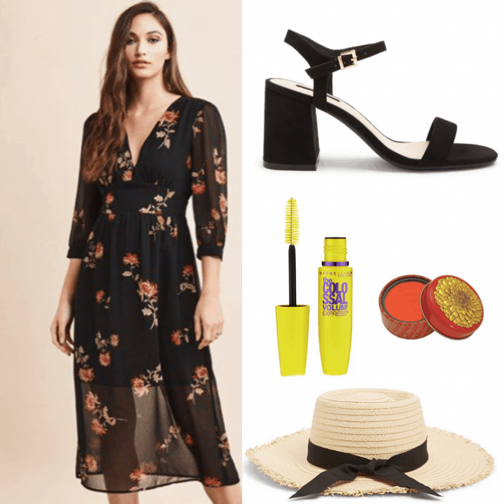 Dress, heels, hat, mascara and rouge. 