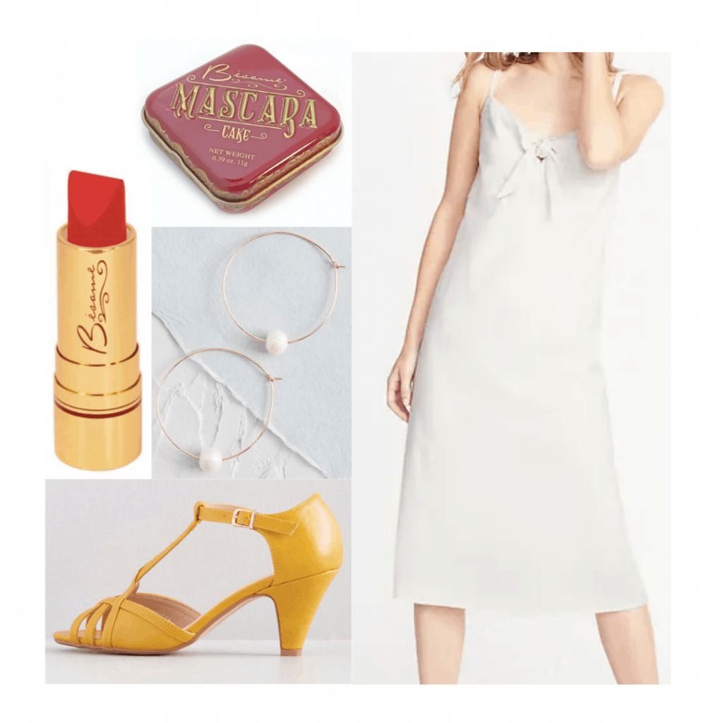 1920s fashion inspired outfit with white slip dress, yellow heels, lipstick, pearl earrings