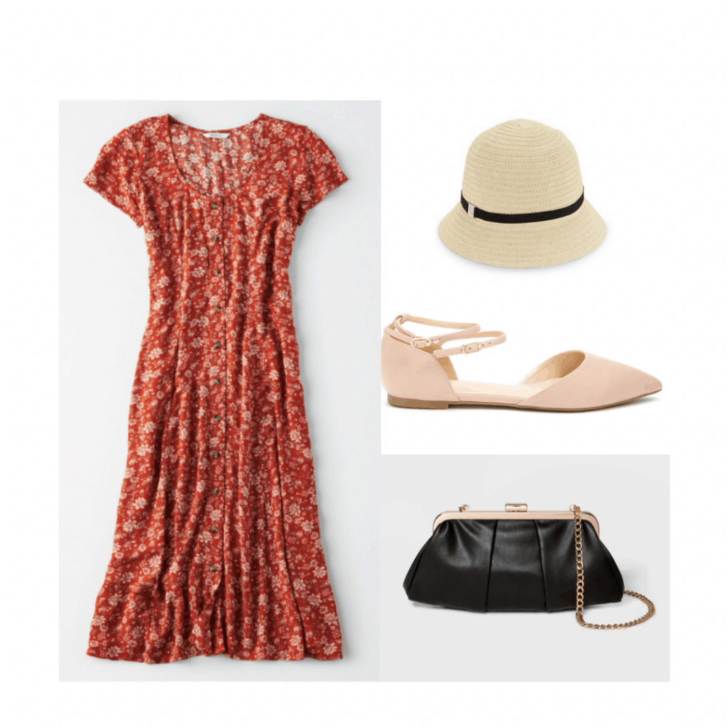 1920s style outfit with button front dress, cloche hat, ballet flats, simple purse