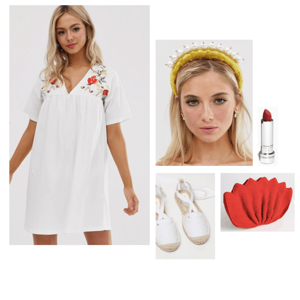 Midsommar fashion - Outfit inspired by the movie costumes with white embroidered dress, pearl headband, red clutch, white lace up espadrilles, red lipstick