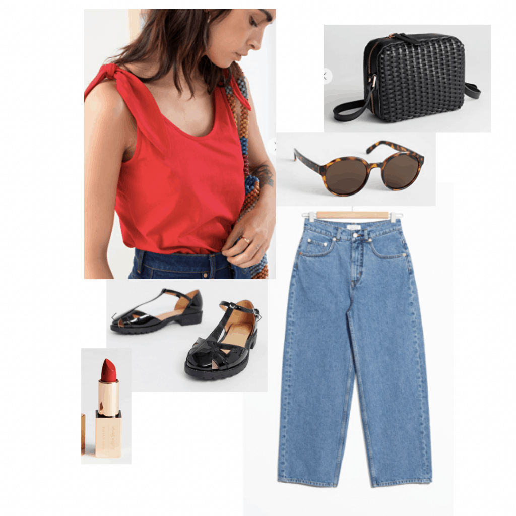 Reality bites fashion: Outfit inspired by Lelaina's style with blue mom jeans, red tank top, shiny oxfords, red lipstick, sunglasses