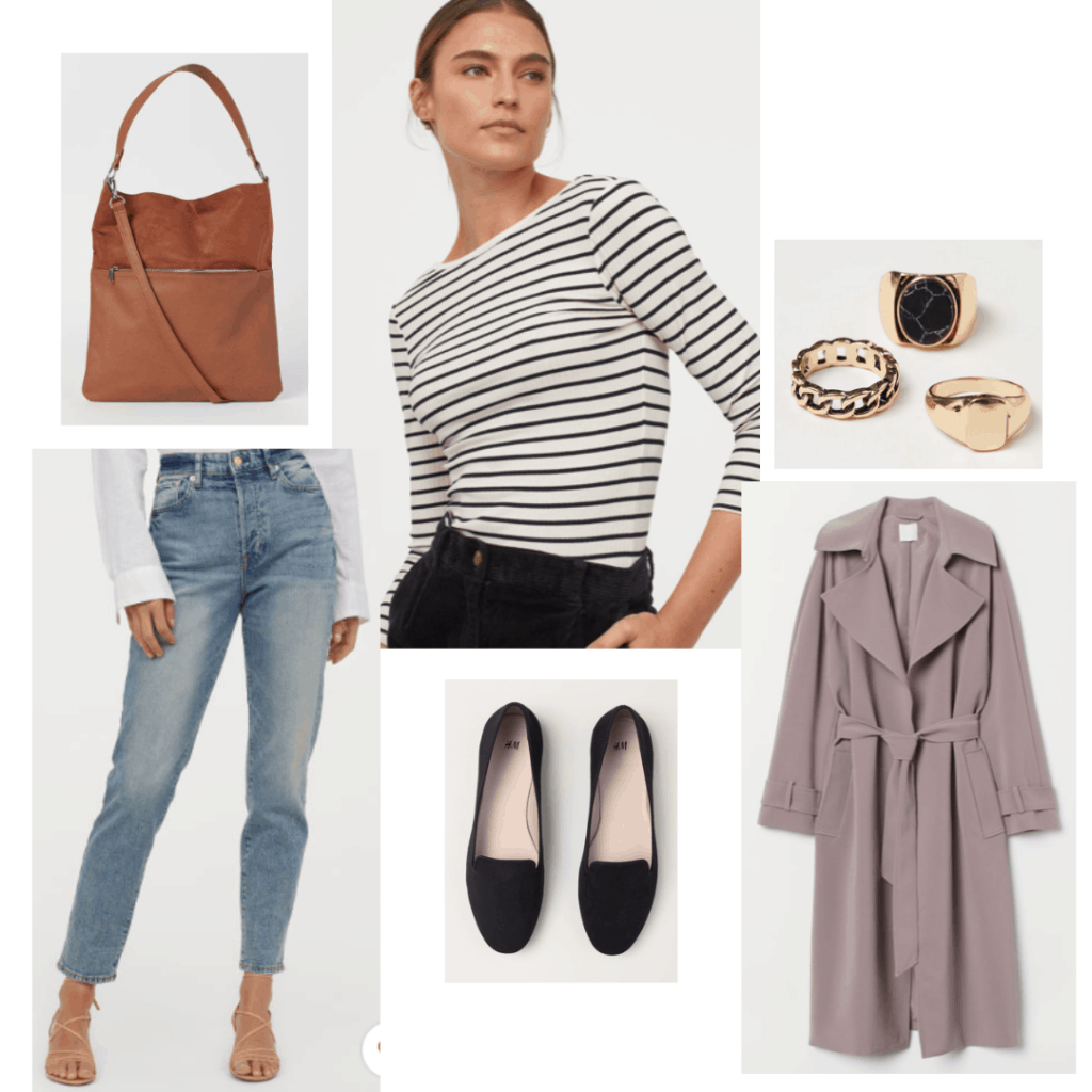 Cool girl outfit inspired by Amy Dunne in gone girl with black and white striped top, jeans, flats, slouchy trench coat