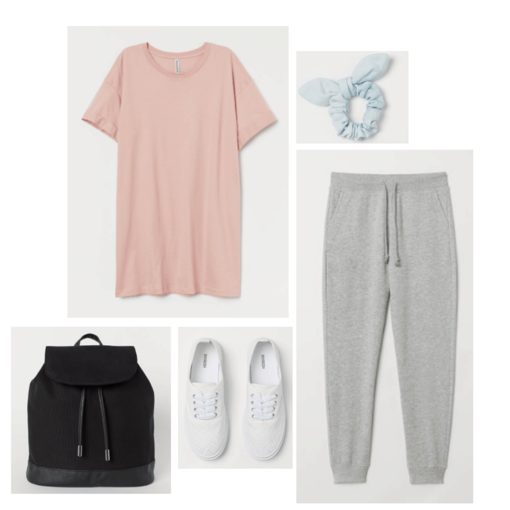 Midsommar fashion - outfit with pink tee shirt, gray sweat pants, black backpack, white sneakers, pastel scrunchie