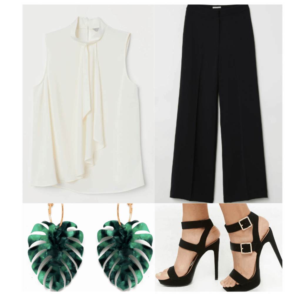 1920s fashion outfit with ruffle front sleeveless blouse, black cropped pants, black buckle heels, leaf earrings