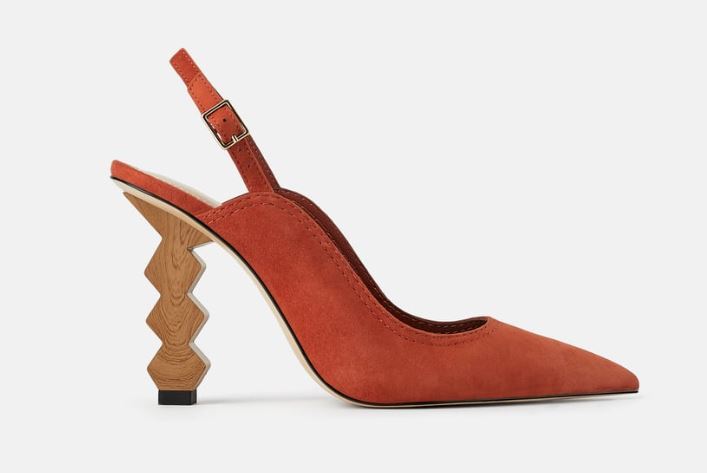 A slingback shoe with a jagged heel