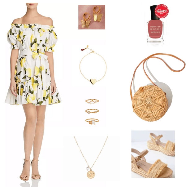 Lemon print dress outfit with off the shoulder dress, woven bag, nail polish, woven flats