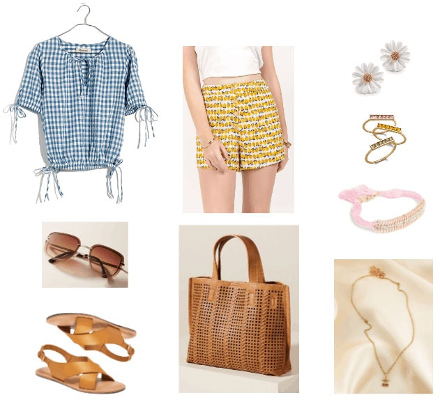 Lemon print shorts outfit with gingham top, brown sandals, camel tote bag, gold jewelry